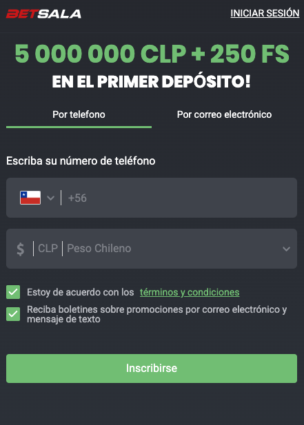 Ingreso de datos para nueva cuenta Betsala
